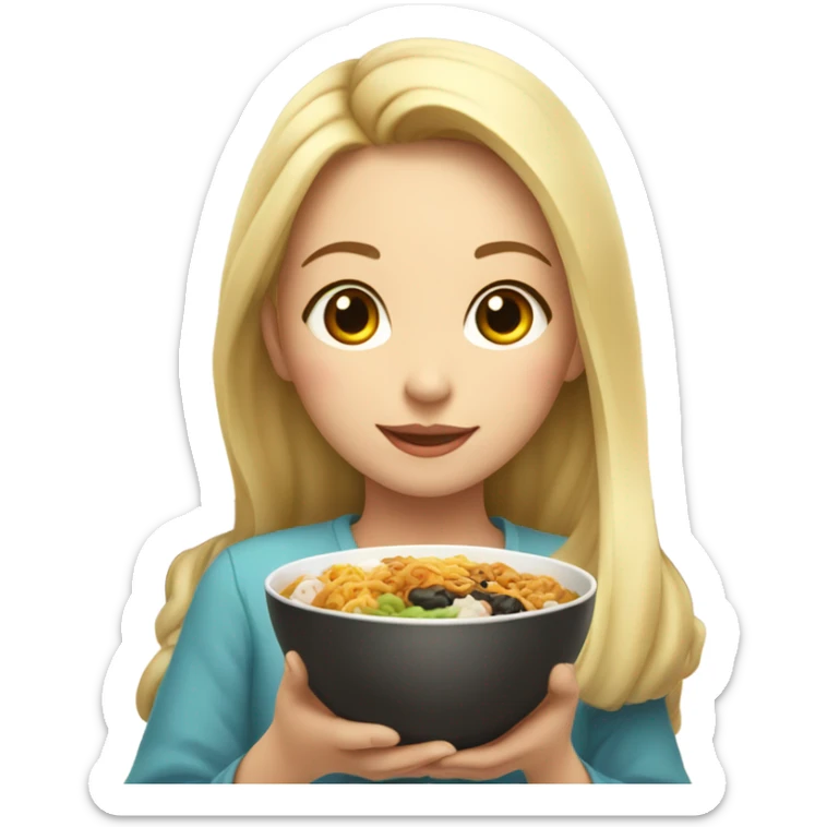  Blonde long hair girl eating Korean food and drinking boba sticker