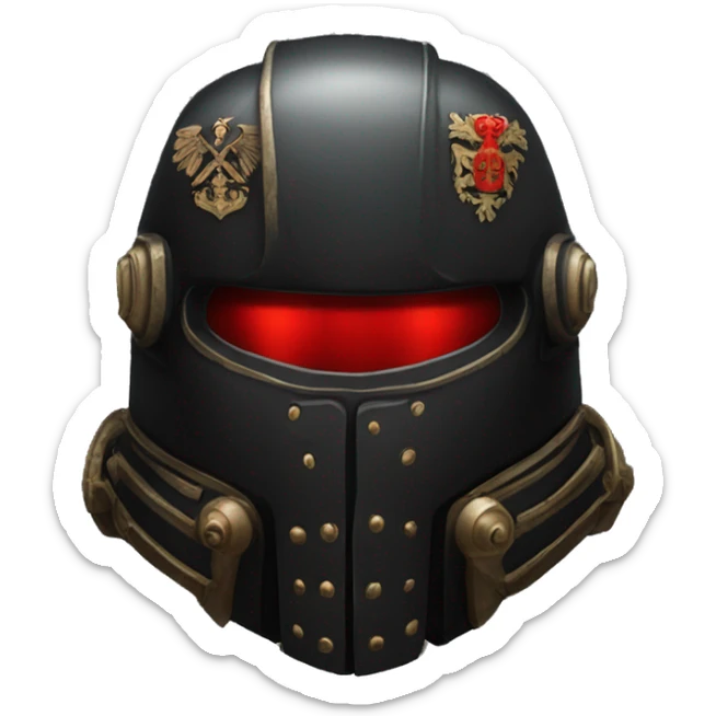 Black Space Marine helmet with red lenses, featuring the Russian coat of arms. sticker