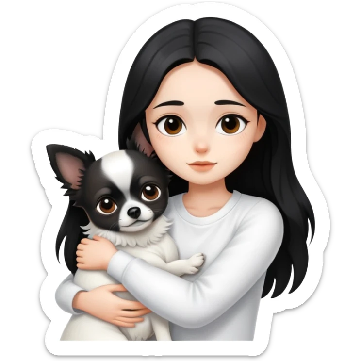 A girl with fair skin, wearing white clothes, gently and tightly hugs a black long-haired Chihuahua sticker
