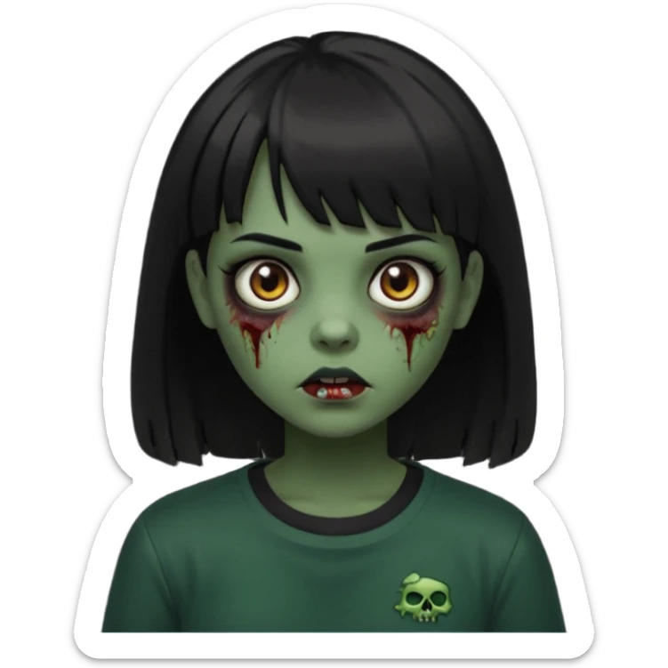 Zombie girl emoji verde escuro com cabelo curto liso preto no ombro e franja na altura da sobrancelha com uma blusa preta, olhos castanhos escuros sticker