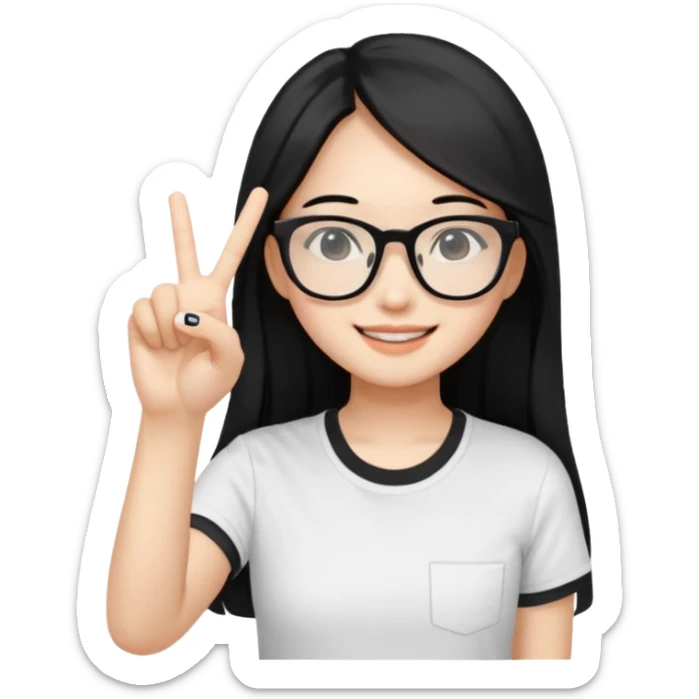 An Asian girl with fair skin and long black hair, wearing black square-framed glasses and a white T-shirt, smiled slightly,with a v sign on her hand sticker
