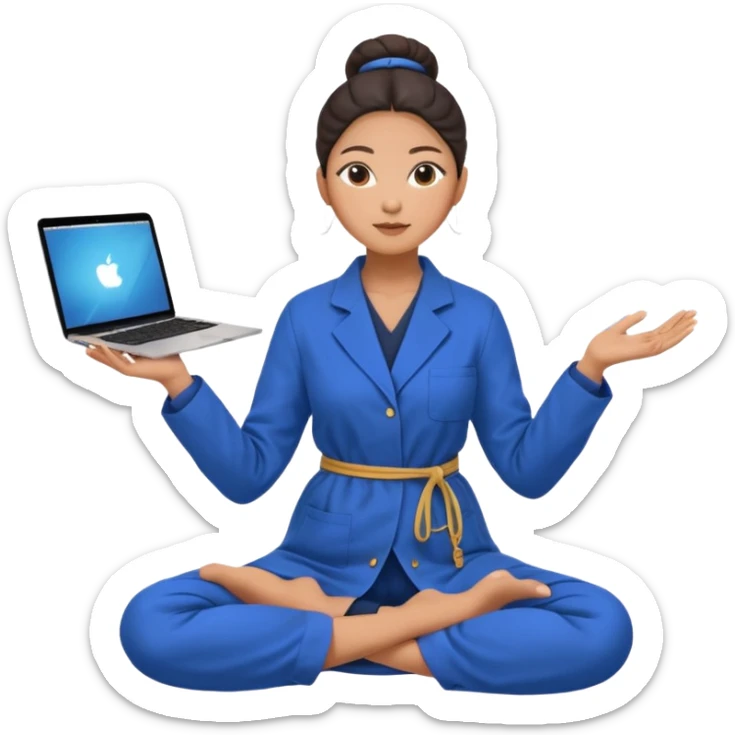 emoji of an asian woman with a single bun in a long blue labcoat sitting cross legged with dna levitating above one hand and an macbook above the other hand sticker