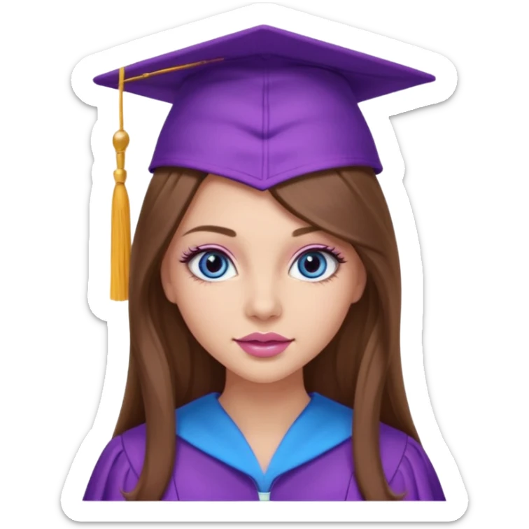 pretty girl with beautiful extremely long brown hair, blue eyes, long lashes makeup, sexy pink lips, wearing a purple and light pink graduation cap and gown sticker