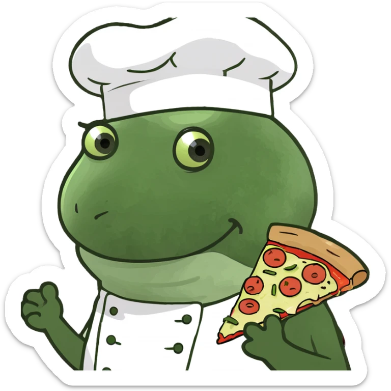 playful cartoon brain wearing a chef's hat, holding a slice of pizza, with little Italian flags and musical notes around it, fun meme-like style, Italian brainrot sticker