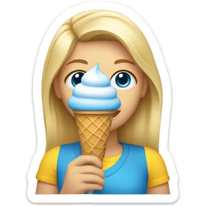 Girl with mid length blonde hair, blue eyes, yellow shirt, holding ice cream cone sticker