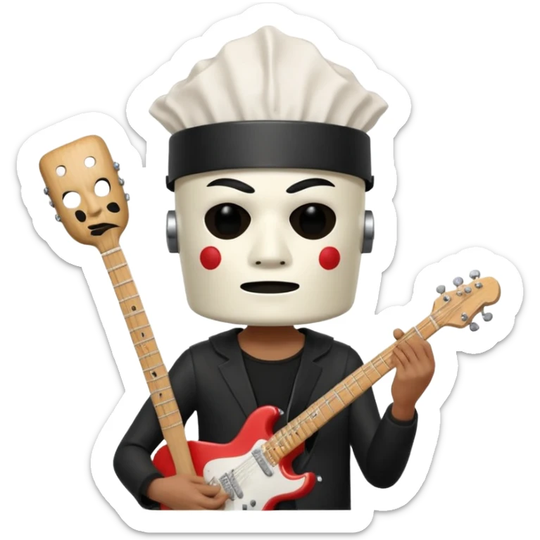 guitarist wearing a white bucket on his head, with two eye holes, a blank expression, and a small theatrical mask on the bucket. He’s holding an electric guitar, dressed in a simple black outfit, giving off a mysterious but playful rock legend vibe, kfc bucket on his head sticker