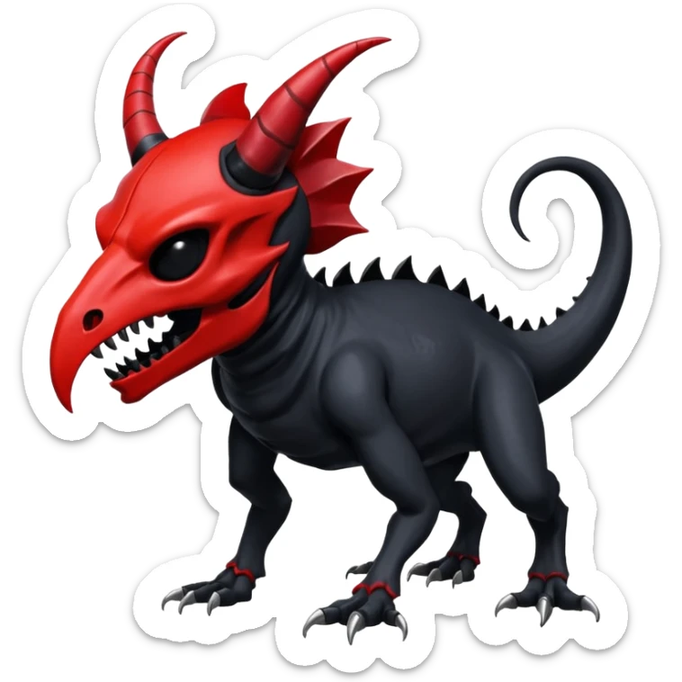 Shiny Dark Edgy  Duskull-Salandit-Inteleon-Fakémon-hybrid-creature (full body) with a horned animal-skull-mask sticker