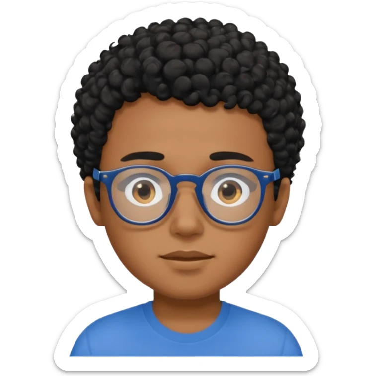 Menino moreno com cabelo curto cacheado preto, de óculos preto e blusa azul sticker