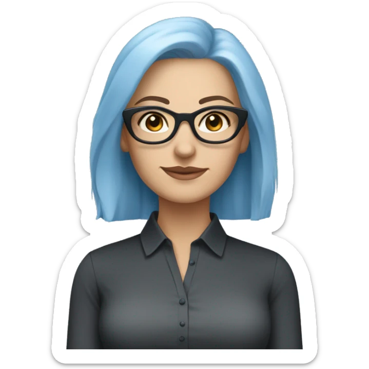 Caucasian woman with chin length layered blue hair and grey eyes wearing light grey square-shaped glasses and a black collared shirt sticker