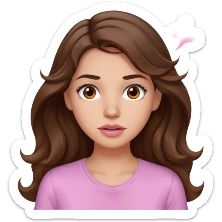 girl with wavy long brown hair, brown eyes, light to medium complexion, long lashes, light pink lipstick, wearing light pink shirt, sweating sticker