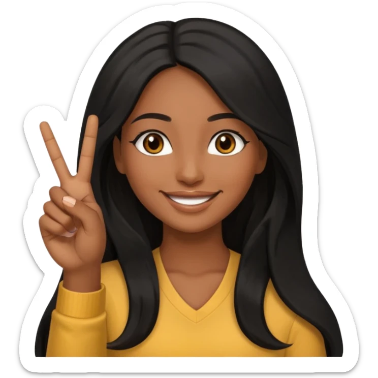pretty brown skin woman with long black hair and brown eyes holding up the peace sign sticker