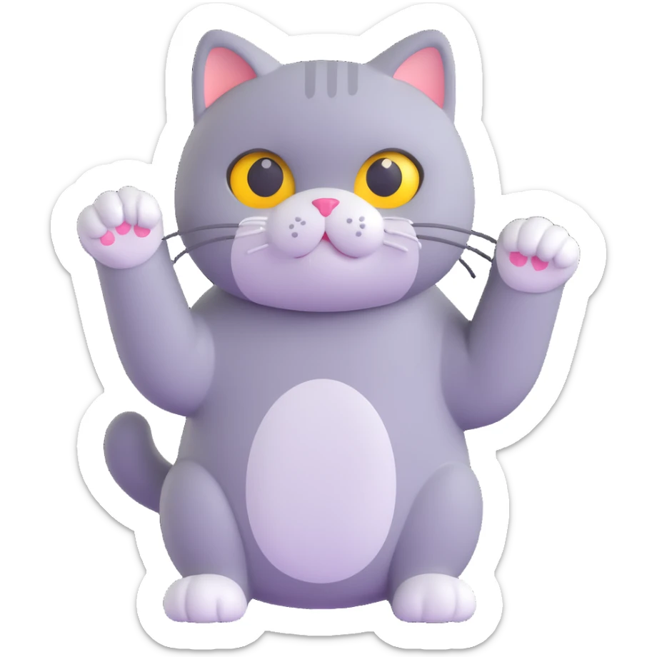 British Shorthair cat with a raised paw and sparkling eyes, emoji style sticker
