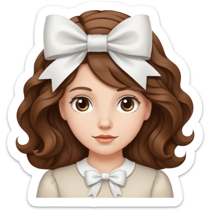 White girl with brown wavy hair and white bow on her head sticker