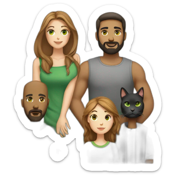 Woman with light straight brown hair and green eyes and a heavy man with a beard and two cats white and another black sticker