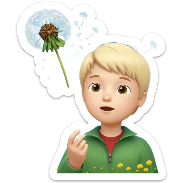 A 3D cartoon child blowing on a dandelion, seeds flying in the air, sunny garden background, realistic Memoji-style. sticker