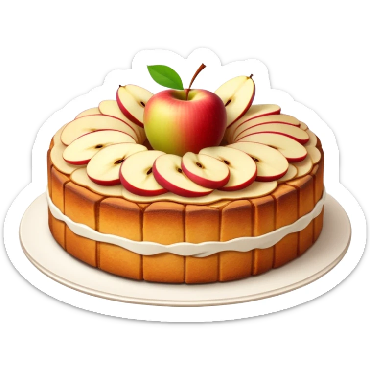 cinematic-realistic-apfelkuchen-dessert-emoji,-depicted-as-a-classic-apple-cake-with-cinnamon-and-thinly sliced apples on the top a few neatly spread out-rendered-with-soft-textures-and-warm,-inviting-lighting. sticker