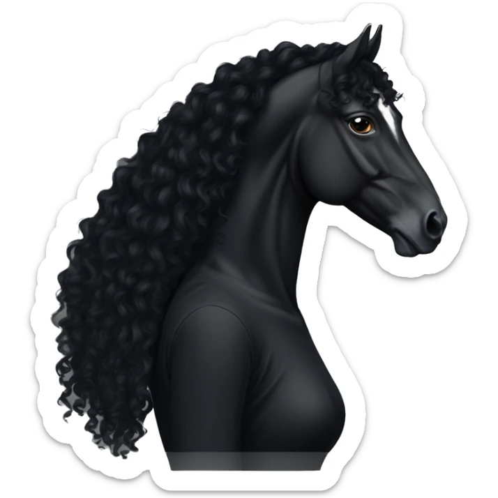 White girl, black shirt, long black curly hair, with  black arabian horse sticker
