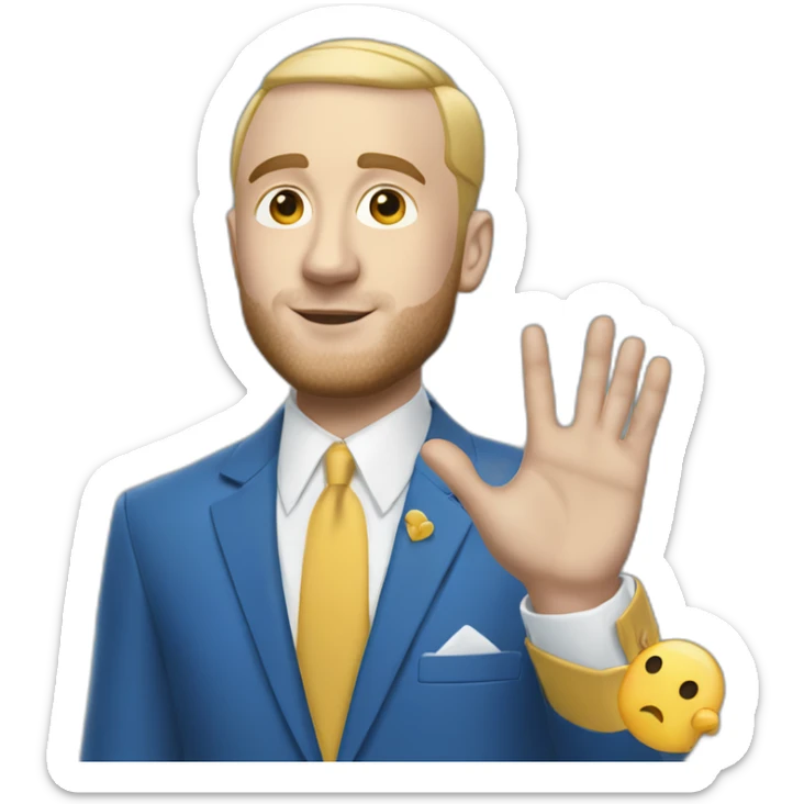 mac miller waving his hand with a blonde comb over skin fade wearing a blue suit sticker