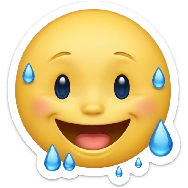 Emoji, yellow round laughing hysterically face, with blue tears of joy on it.  sticker
