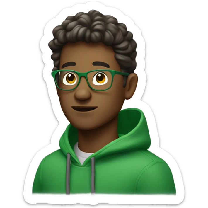 a brunnete guy with a bull cut and he wears glasses and green hoodies he also carry’s a water bottle sticker
