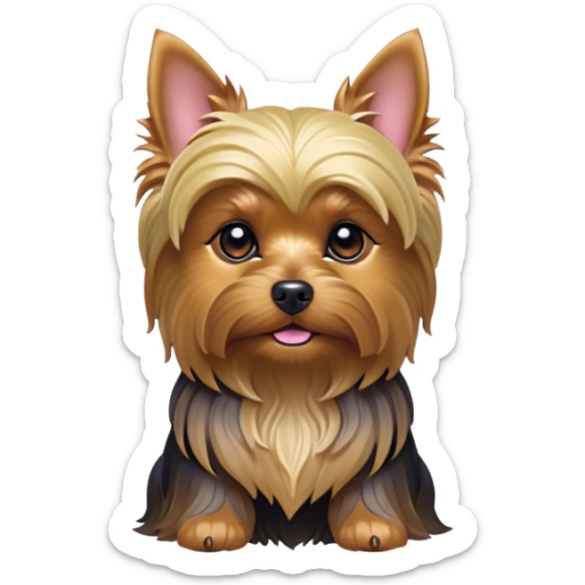 Cinematic Noble Yorkshire Terrier Portrait Emoji, Exuding refined charm and dignified poise, with a lustrous, silky fur in rich, deep hues, alert eyes and a confident expression, simplified yet exquisitely detailed, glowing with a soft, aristocratic radiance, high shine, embodying intelligent grace and classic elegance, soft glowing outline, capturing the essence of a regal Yorkshire Terrier ready to rule the screen with effortless sophistication! sticker