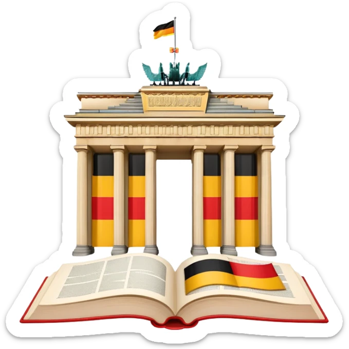 An icon featuring the Brandenburg Gate and the flag of Germany, symbolizing the German language. The design includes an open book with German text and a stein of beer, representing language learning and German culture. Transparent background sticker