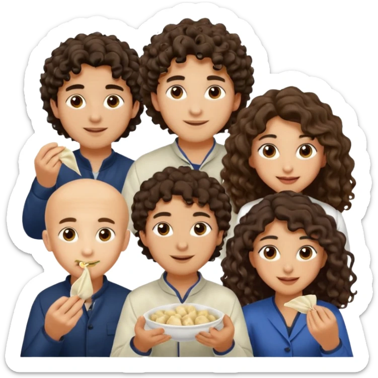 Can you create an emoji of three 23 year olds eating dumplings. One boy with wavy curly hair one Jewish girl with long dark brown curly hair and one half Indian / half white girl with mid length dark brown hair. All brown eyes sticker