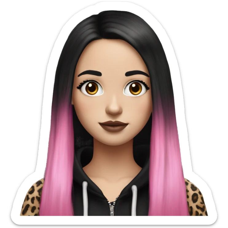 Hyperrealistic white girl with long black hair with a pink fringe and has eye makeup on, she is wearing a black and leopard print hoodie  sticker