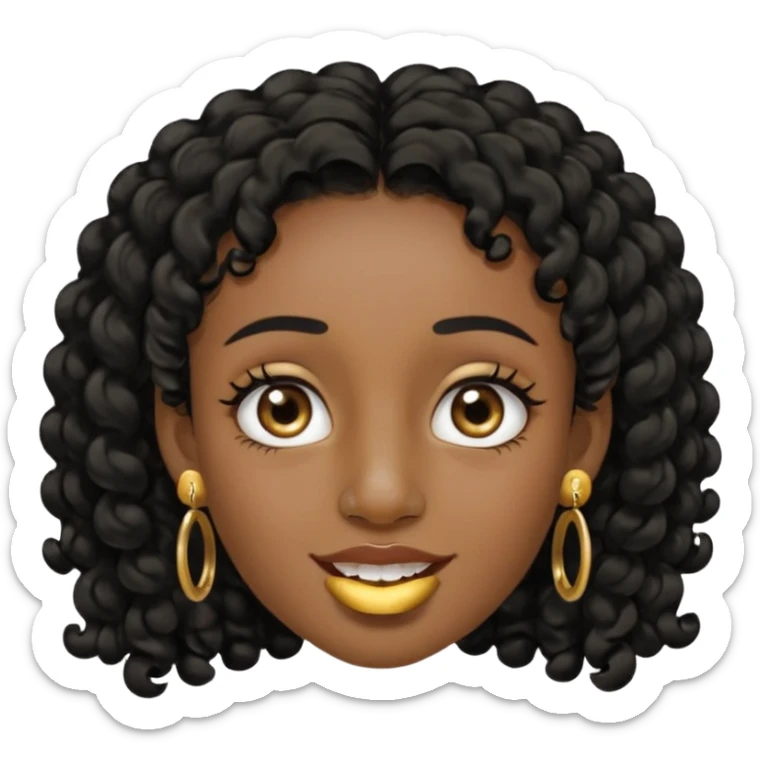 Make a emoji of a person with dark skin and has a nose ring and has a bunch of small earrings and a big earring and who has a tiny bit of hair and who has a gap between her two front teeth sticker