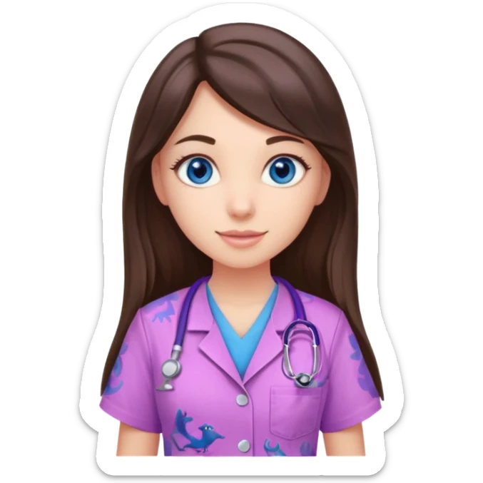 pretty brunette nurse with long hair and blue eyes in pink and purple dinosaur pattern scrubs sticker