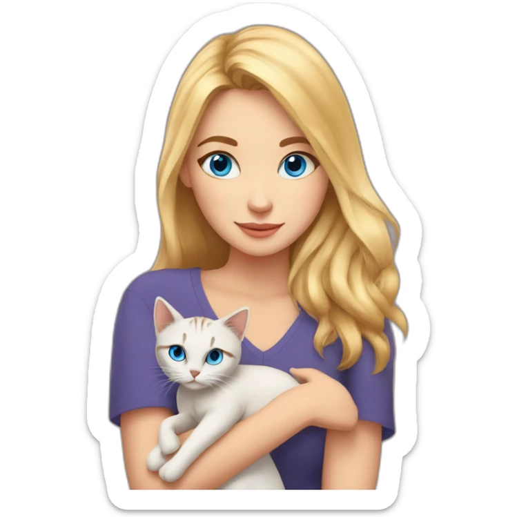 a beautiful fair-haired girl with blue eyes holds a cat of Bengal origin in her arms sticker