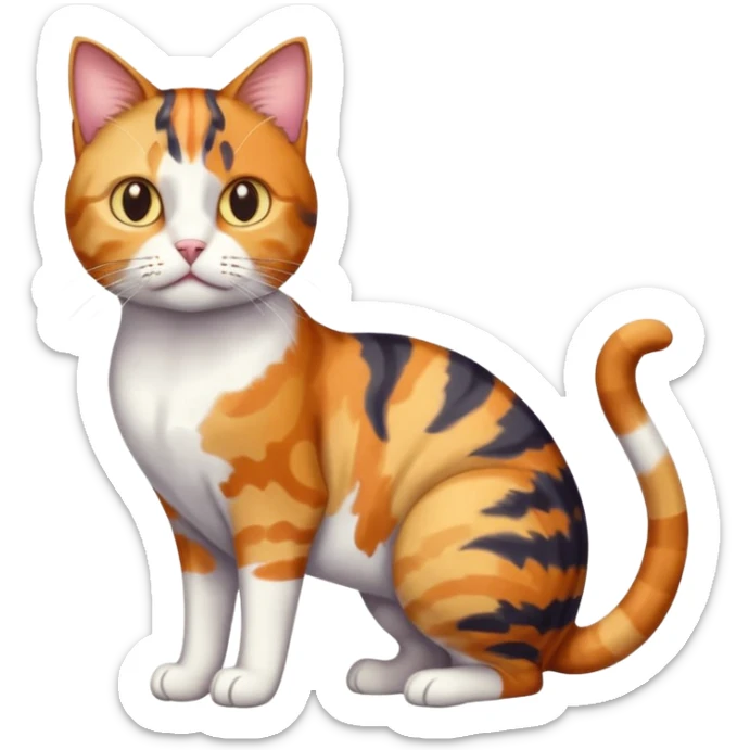 full body colourful calico tabby cat with disproportioned head with an anxious face and white front legs sticker