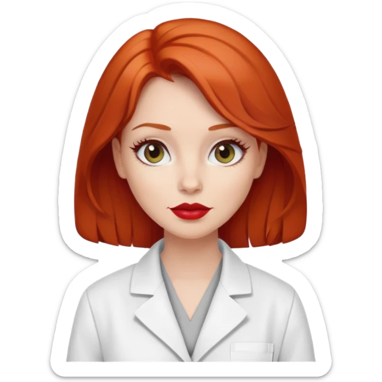 Redhead woman with gray eyes and red lipstick wearing a lab coat looking smug sticker