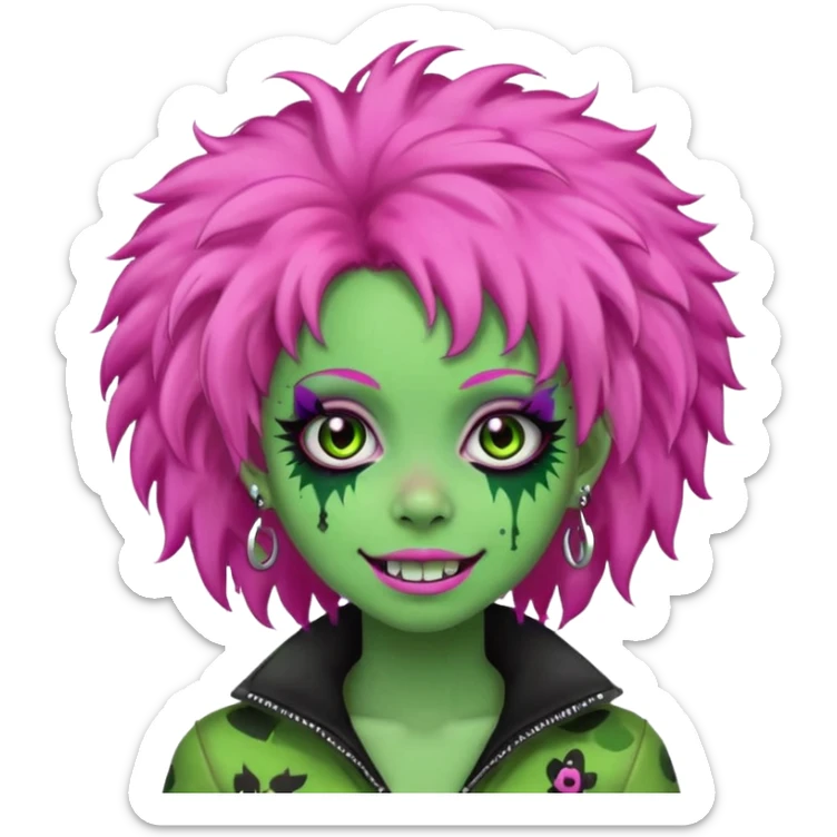 girl, green zombie,pink afro, long, emo, shaggy, dark, spooky,double eyebrow dermal piercing, cute illuminous smile sticker