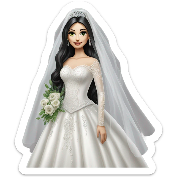 Hyper Realistic ornate ballgown long sleeve Wedding dress with diamanté on Russian bride with pale skin and green eyes and long black hair with veil and diamond jewelry hyper realistic  sticker