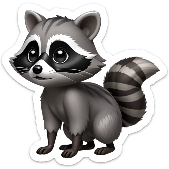 Cinematic-cute Raccoon-Realistic-hunched Full-Body on all fours-Emoji – Tail flicking lazily, head tilted dramatically, thick grey fur with a signature black mask, sharp and alert ears, simplified yet realistic focused features, highly detailed, glowing with an almost sarcastic glow. big black eyes sticker