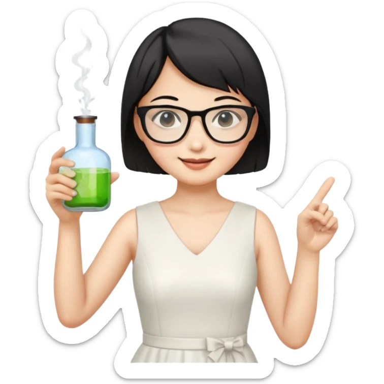 asian teacher with a white dress holding a flask with retangle glasses and black short hand make her smile and point to the right with her other hand sticker