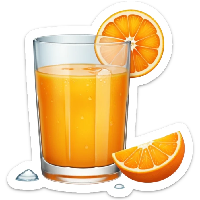 A glas of orange juice. Without a straw. With a slice of orange next to it on the bottom sticker