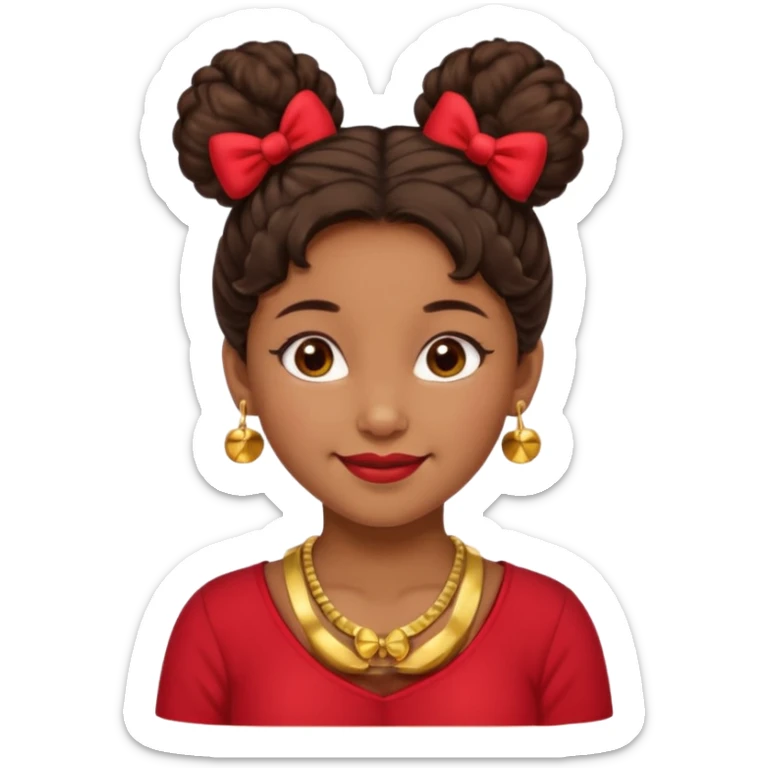 Brownskin girl dark brown hair fluffy.Two buns with red bows brown eyes smiling closed mouth red shirt gold esrrings gold necklace sticker