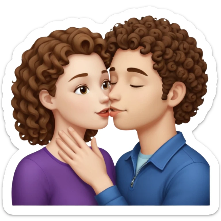 A couple kissing, the man would be white-skinned, mid fade-curly, brown-hair. The serious woman with white skin, brown color sticker