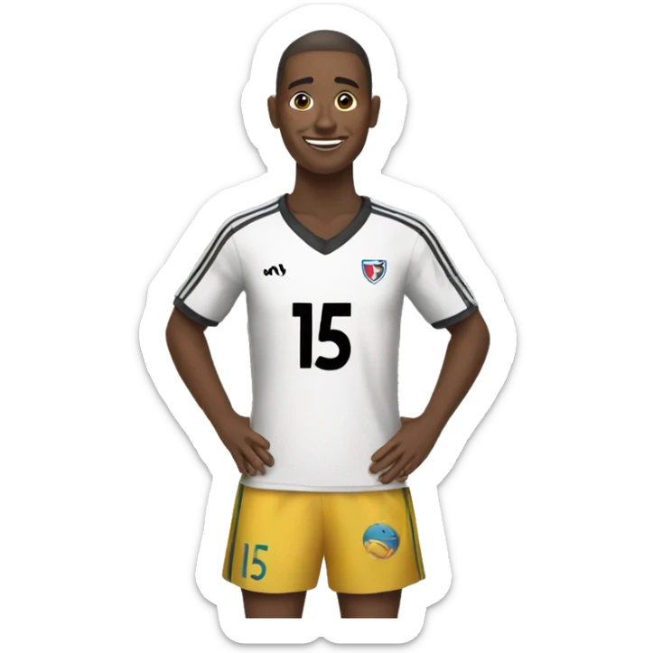 A person happy wearing a soccer jersey with the number 15 written on it sticker