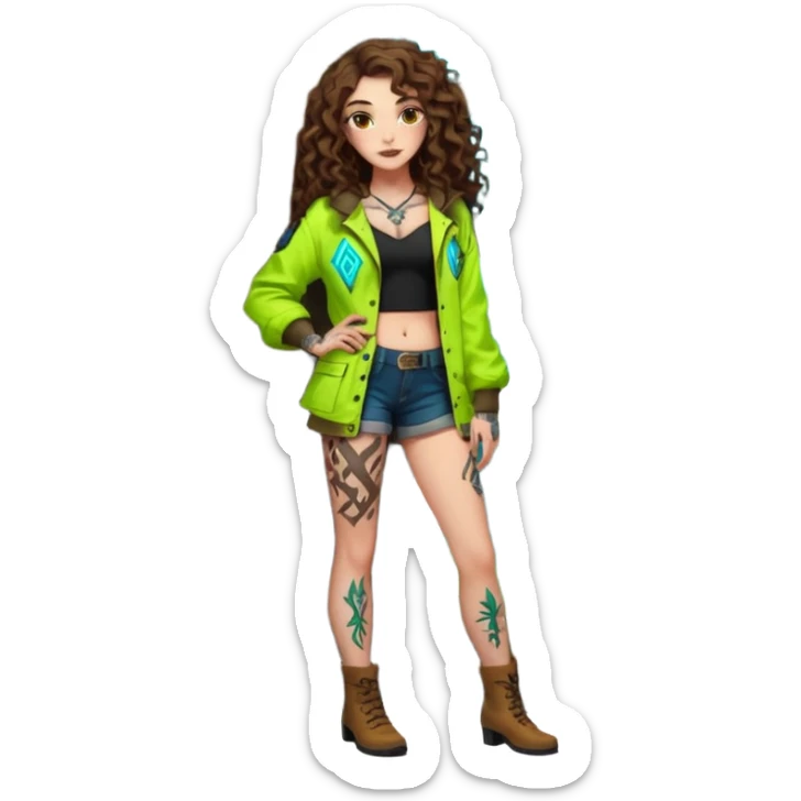 full body view of a woman with long curly brown hair, brown eyes, white skin, tattoos, leaning against a tree covered in neon runes, open forest jacket, flirty confident stance sticker