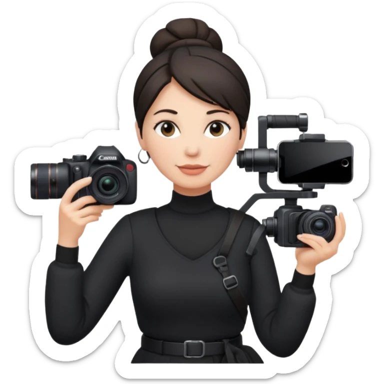 middle aged woman photographer with dark hair in a bun, wearing black clothes, carrying a canon r5 and an iPhone on a gimbal sticker