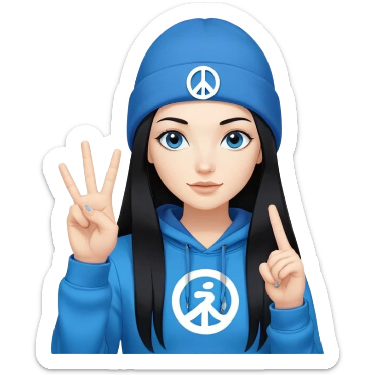 White woman with long black straight hair and blue eyes with long eyelashes and blue hoodie. i would like for her to be doing a peace sign with her fingers and be wearing a black beanie. i want the beanie to have the om symbol on it sticker