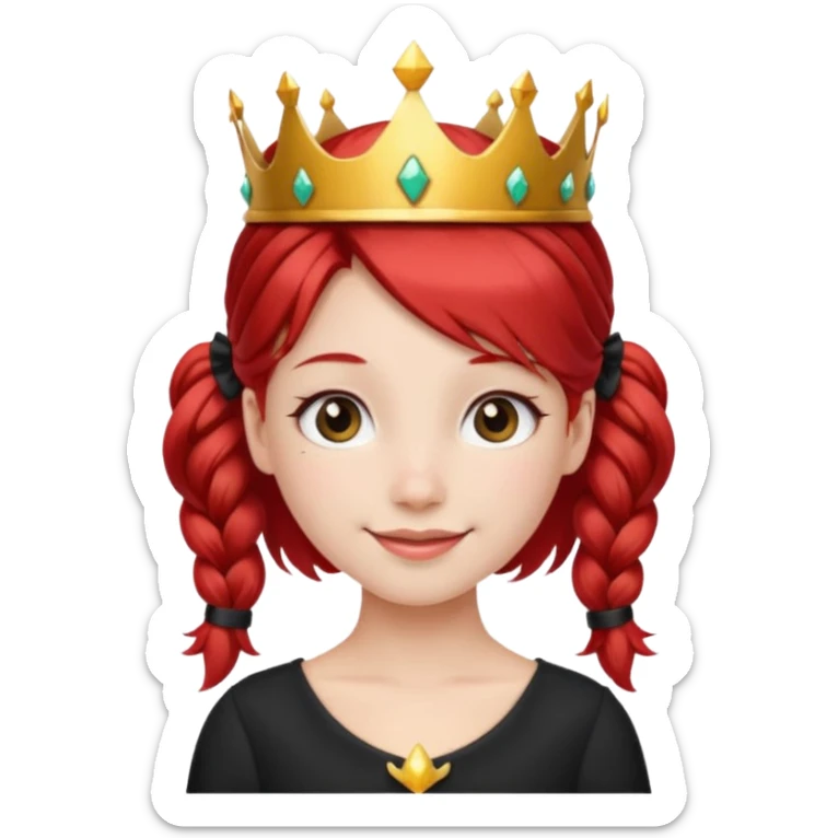 A red pigtail hair girl with a crown smiling gently and black bow on her hair sticker