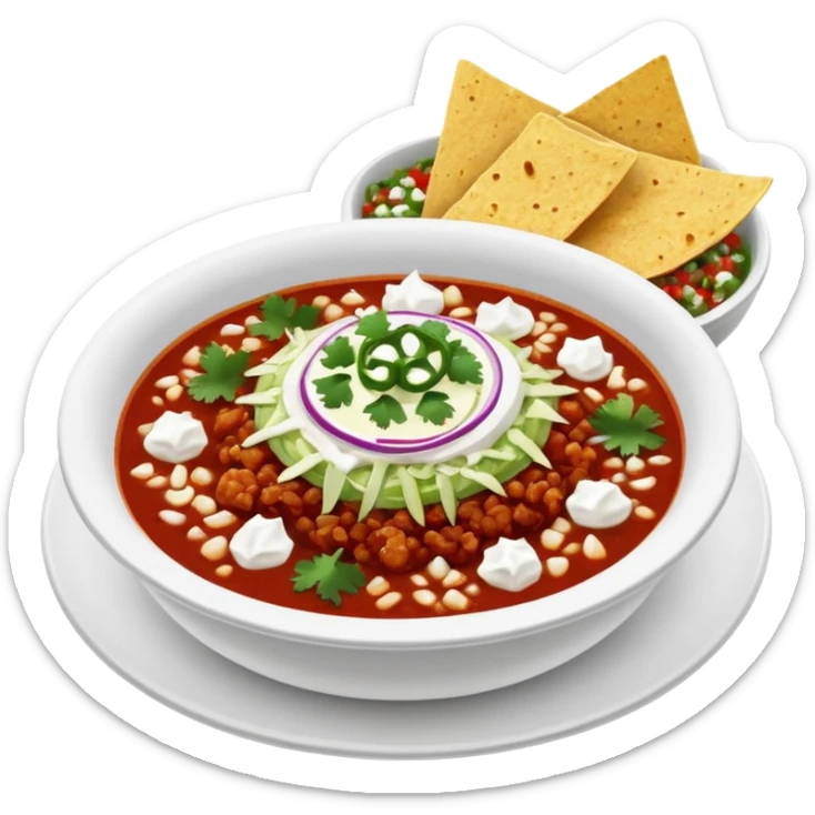 hot pozole rojo with steam, hominy, and sides: onions, shredded cabbage, lime wedges, red chile de arbol salsa, and tostadas lightly smeared with sour cream sticker