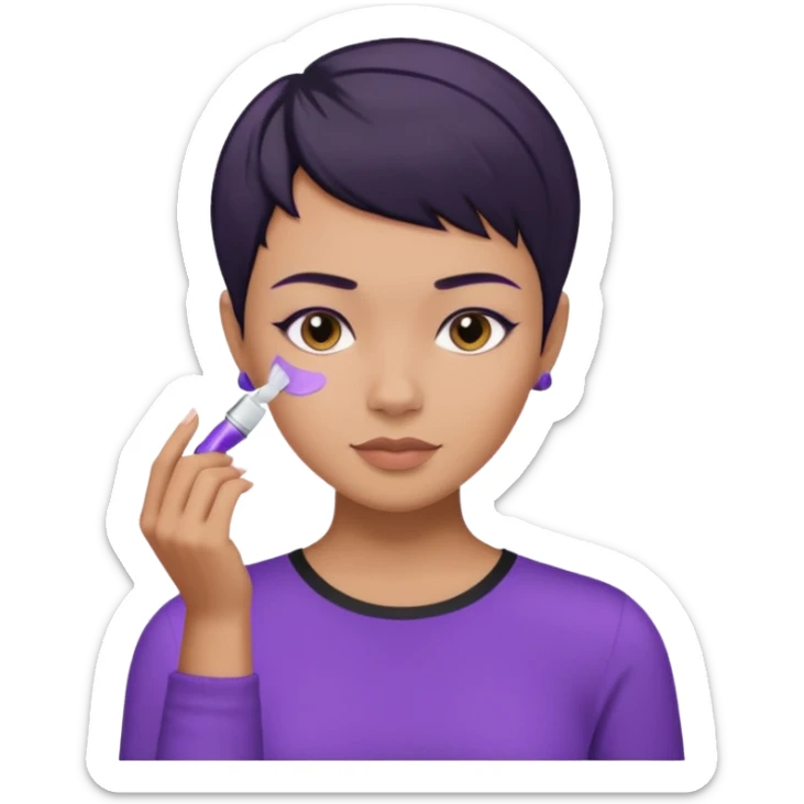 tan girl purple shirt with black hair & a pixie, doing her skin care sticker