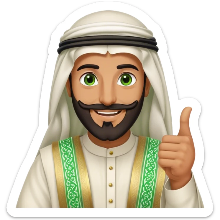 "Tanned Arab Saudi man with green eyes and a beard, wearing an agal and traditional attire, smiling happily and giving a big thumbs-u sticker