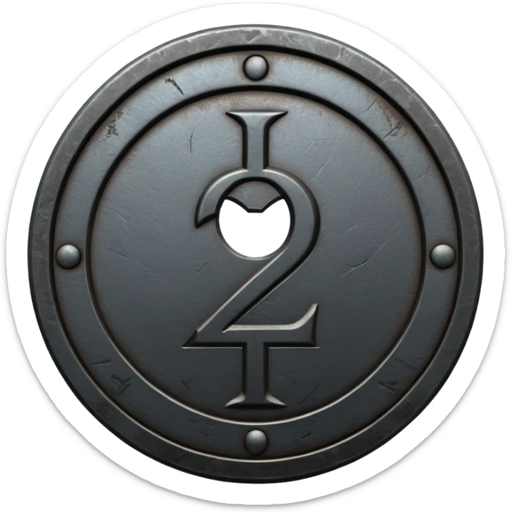 Minimal emoji, gothic metal coin made of black steel, engraved number 2 at the center, ancient industrial aesthetic, worn metal texture, no glow, no neon, flat emoji design, centered, transparent background sticker
