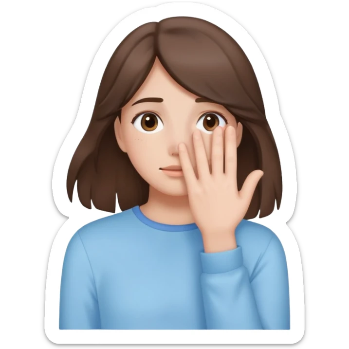 brunette girl with brown hair wearing pastel blue clothes covering her face with her hand sticker